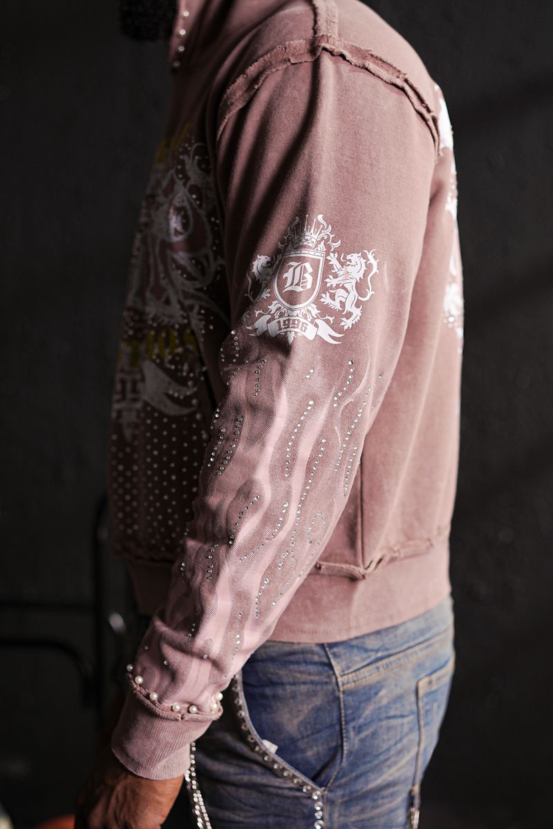 Elite Saints Mocha Washed Rhinestone Premium Mens Hoodie + Pearls