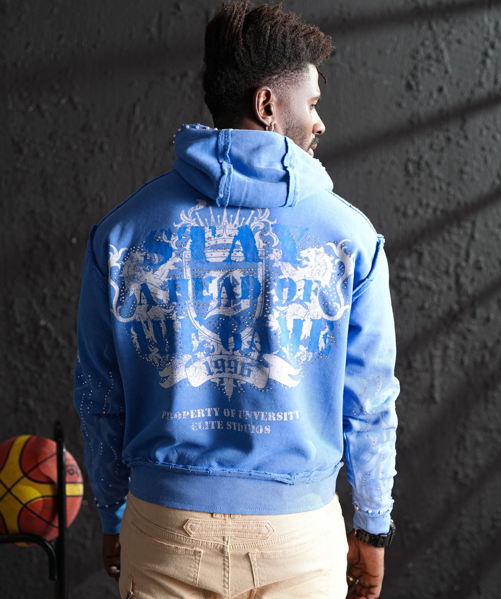 Elite Saints Blue Washed Rhinestone Premium Mens Hoodie + Pearls