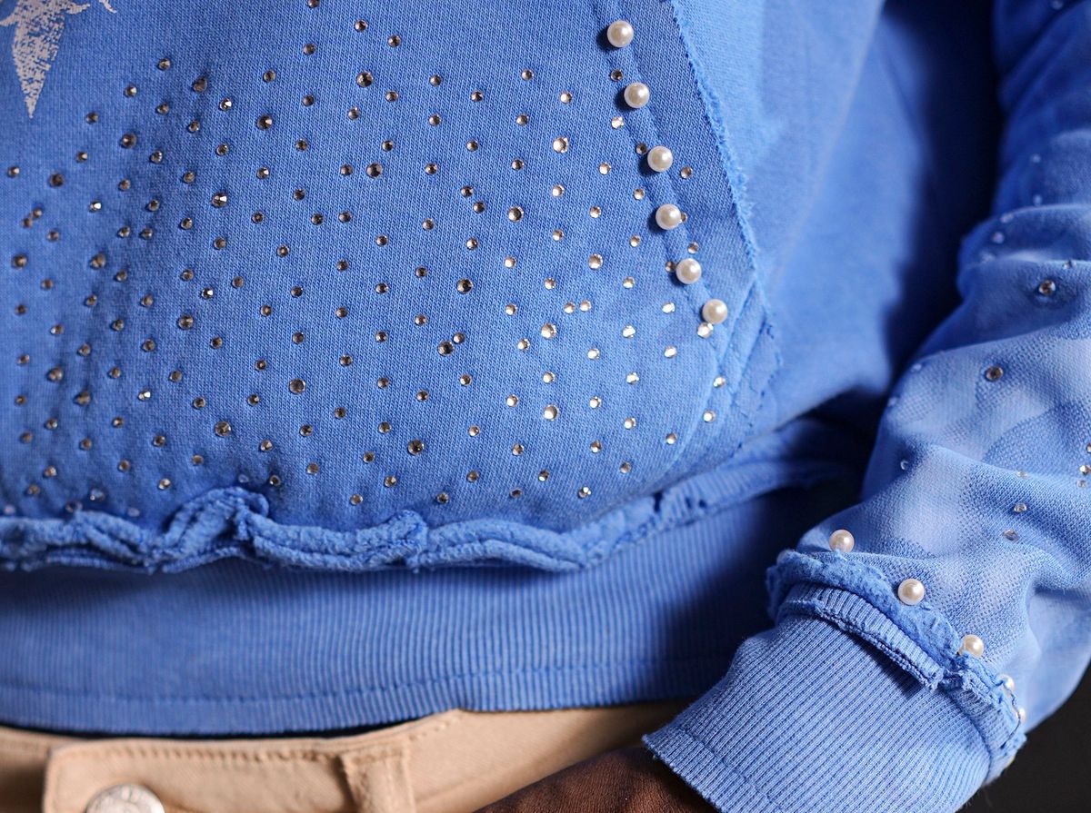 Elite Saints Blue Washed Rhinestone Premium Mens Hoodie + Pearls
