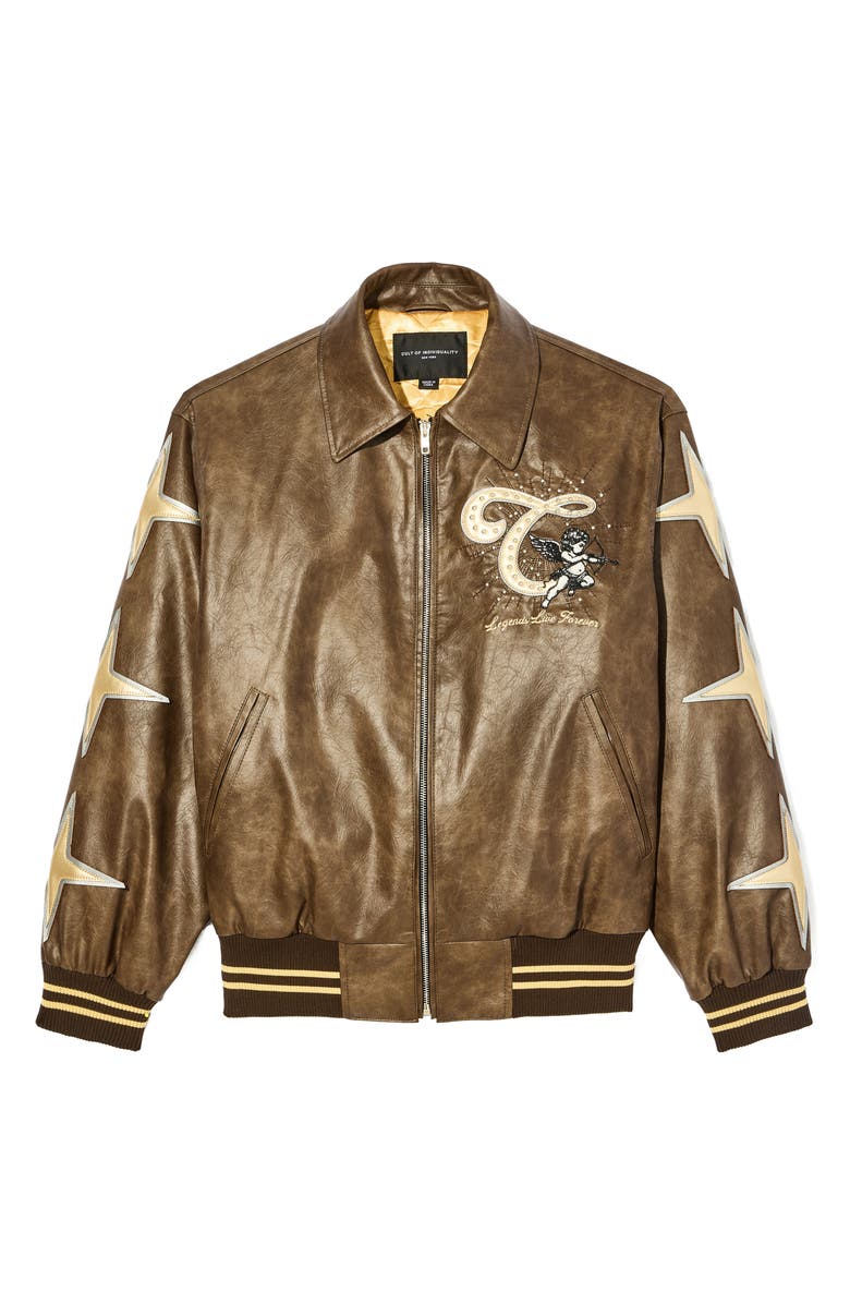 Cult Legends Embroidered Faux Leather Varsity Jacket