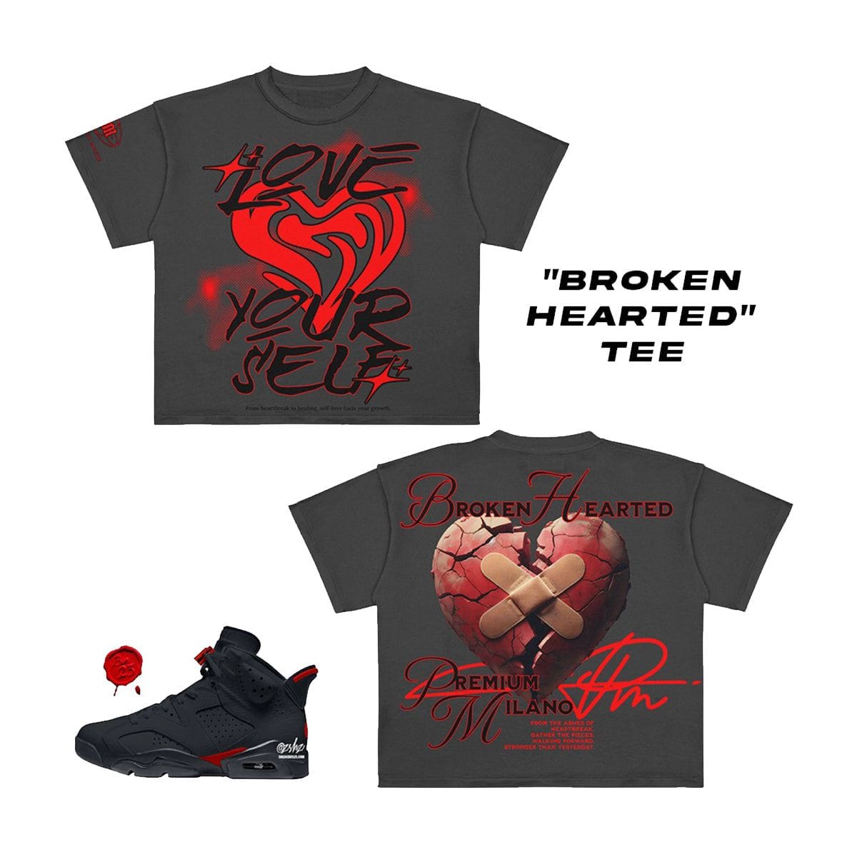 Premium Milano Broken Hearted T-Shirt featuring a distressed heart graphic on soft cotton fabric.