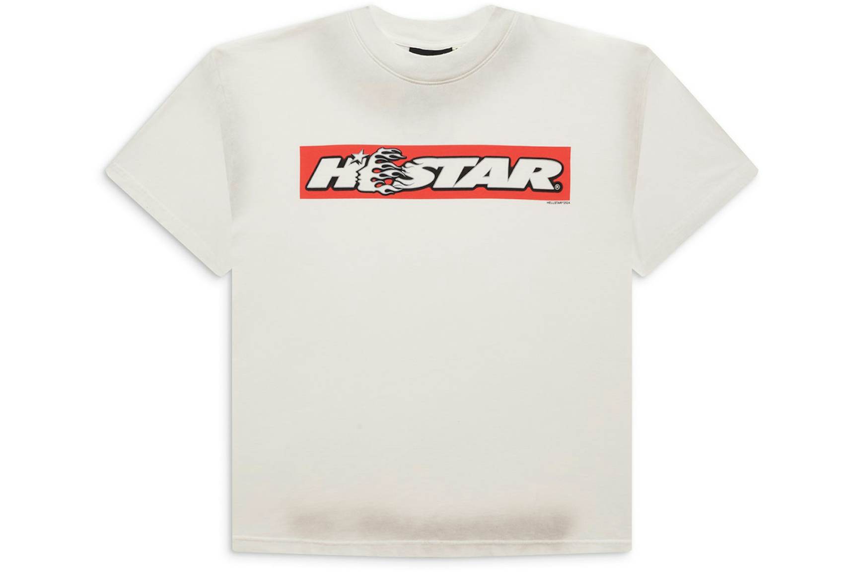 Red Hellstar box logo T-shirt featuring a minimalist design and bold logo on the front, made from soft, comfortable fabric.