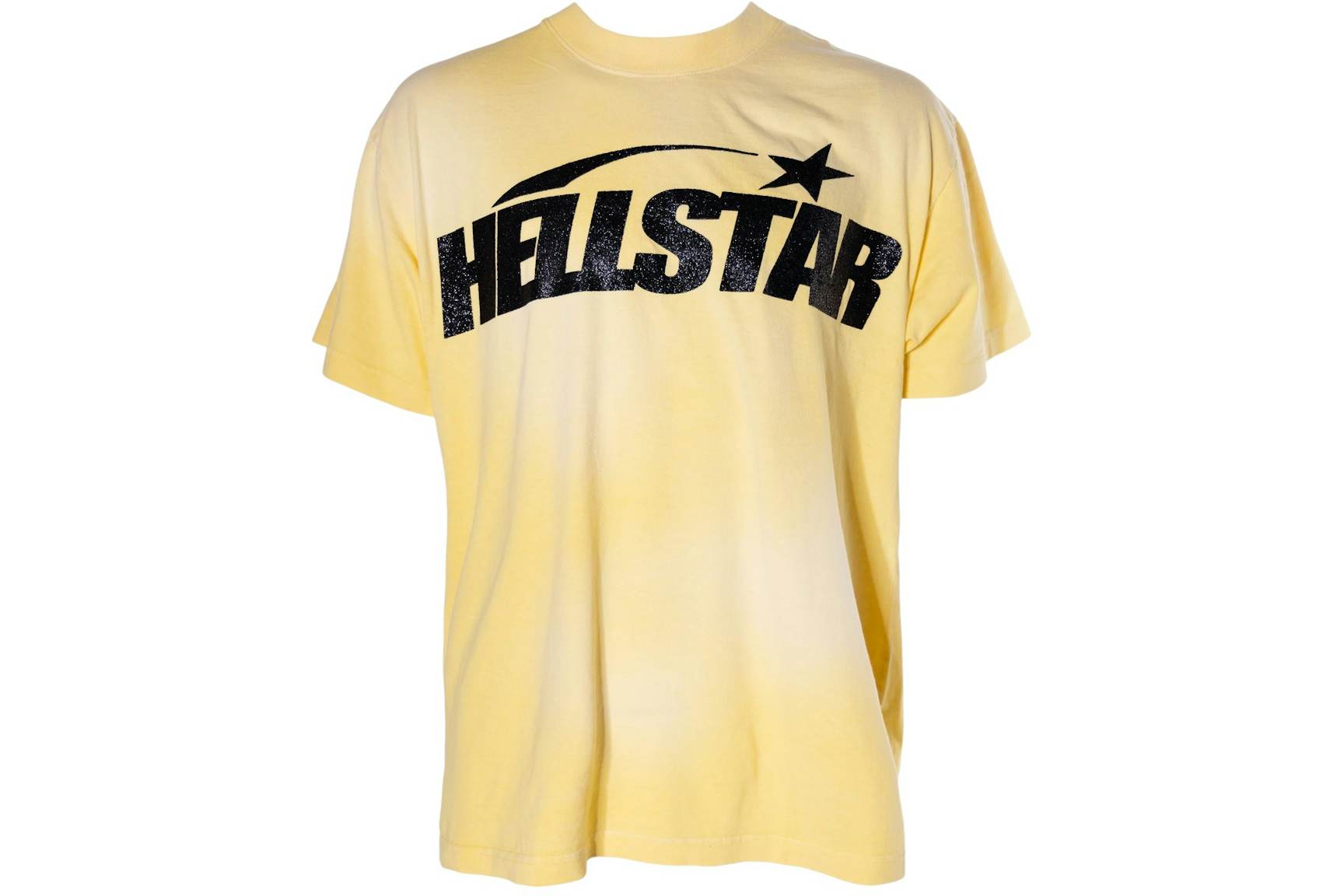 Black T-shirt by Hellstar with a glitter logo design on the front, featuring a classic fit and bold yellow accents.