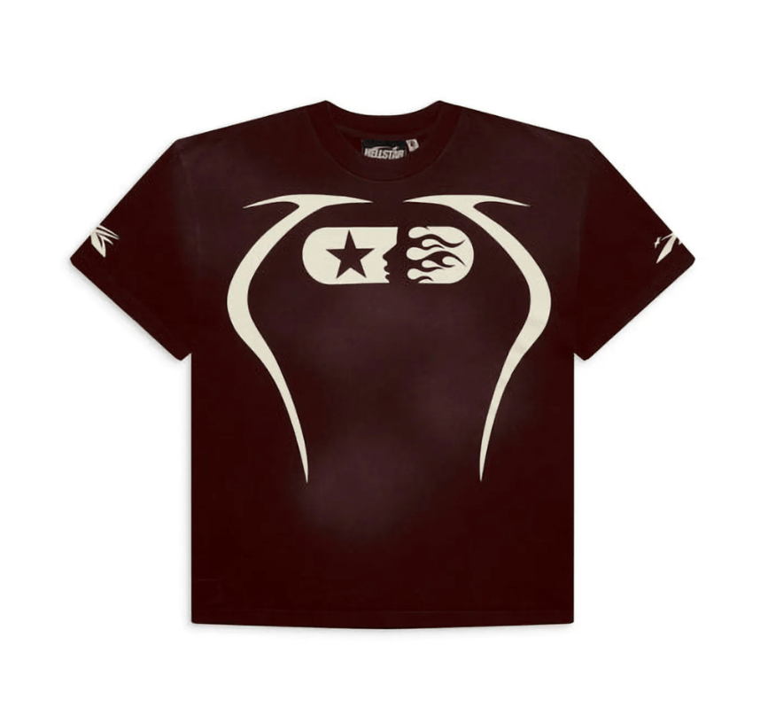 Hellstar Warm Up Tee T-shirt displayed on a hanger, featuring a casual fit with stylish graphic design on the front.