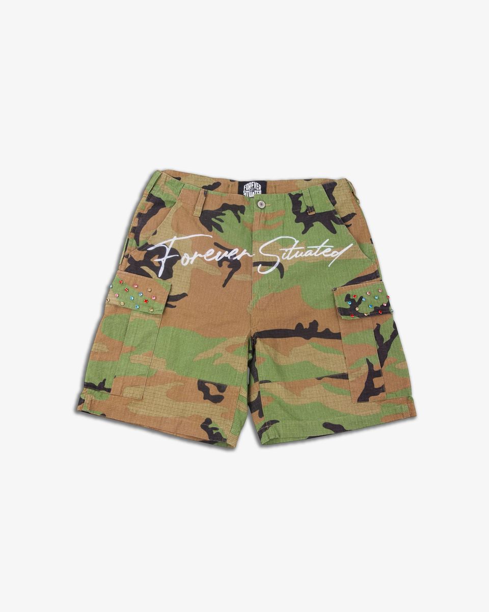 Forever Situated camo cargo shorts with rhinestones, featuring a camouflage pattern and decorative sparkling details, casual and stylish.