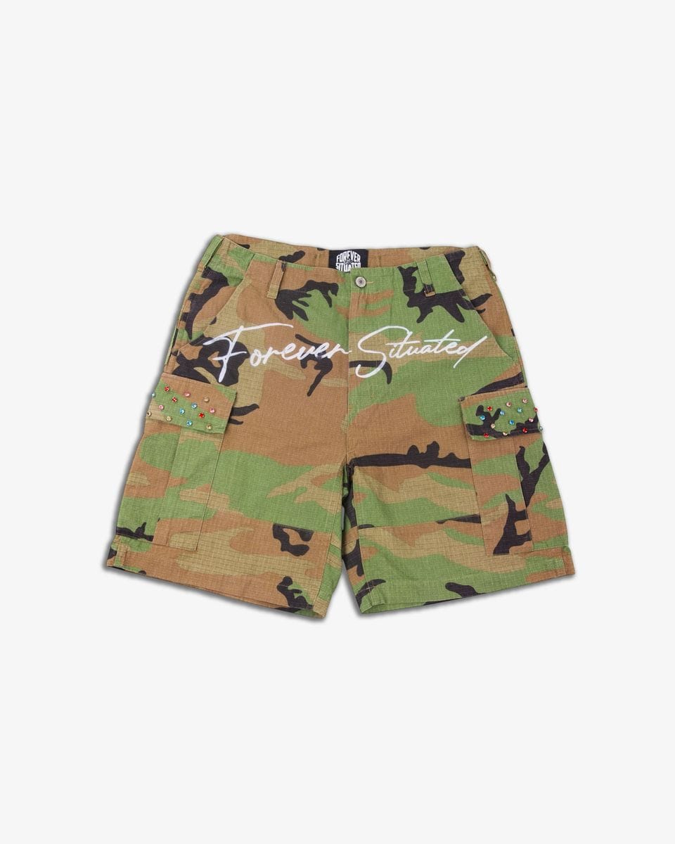 Forever Situated Shorts Forever Situated Camo Cargo Shorts with Rhinestones Forever Situated Camo Cargo Shorts with Rhinestones