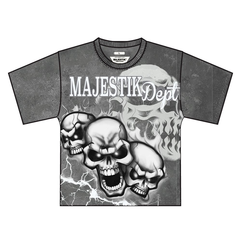 Black Majestik Skull Tapestry T-shirt featuring a detailed skull graphic on the front, casual fit, and soft fabric.