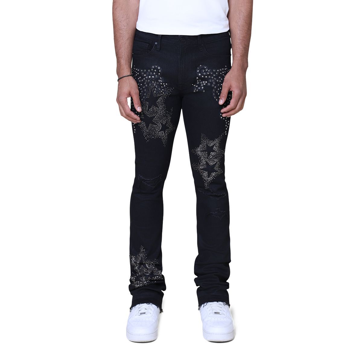 Smokerise Embellished Stacked Flare Jeans Black.