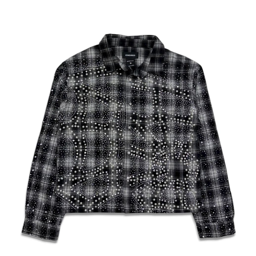 Kindred Cropped Rhinestone Pearl Flannel Shirt