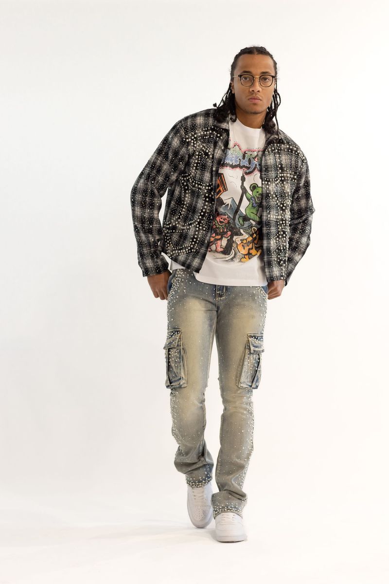 Kindred Cropped Rhinestone Pearl Flannel Shirt