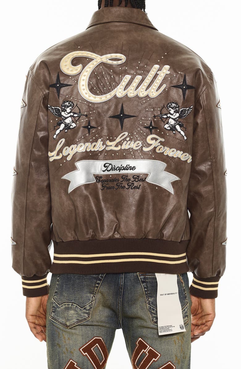 Cult Legends Embroidered Faux Leather Varsity Jacket