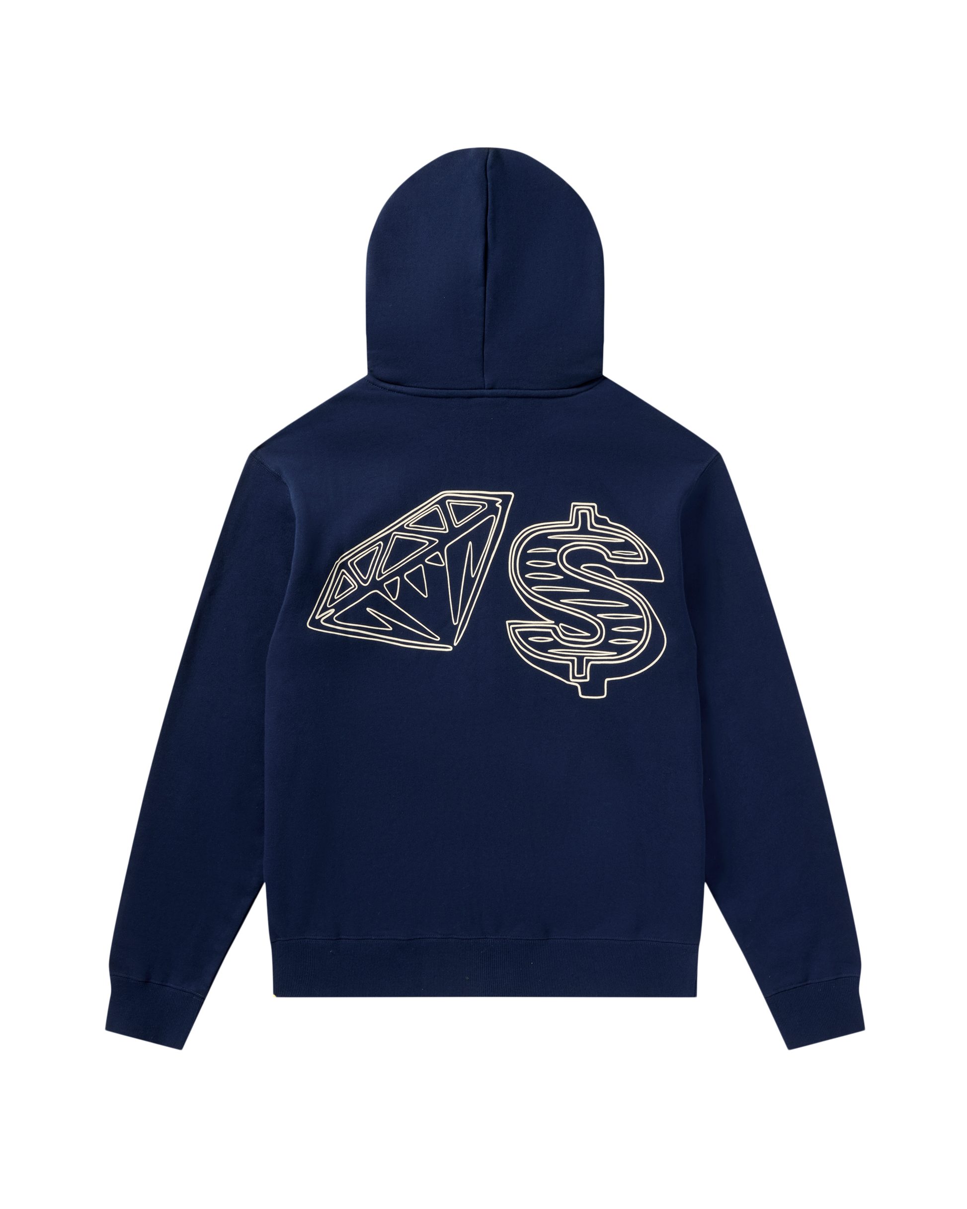 Navy blue Billionaire Boys' Club Karat Hoodie laid flat, showcasing the front design and drawstring hood.