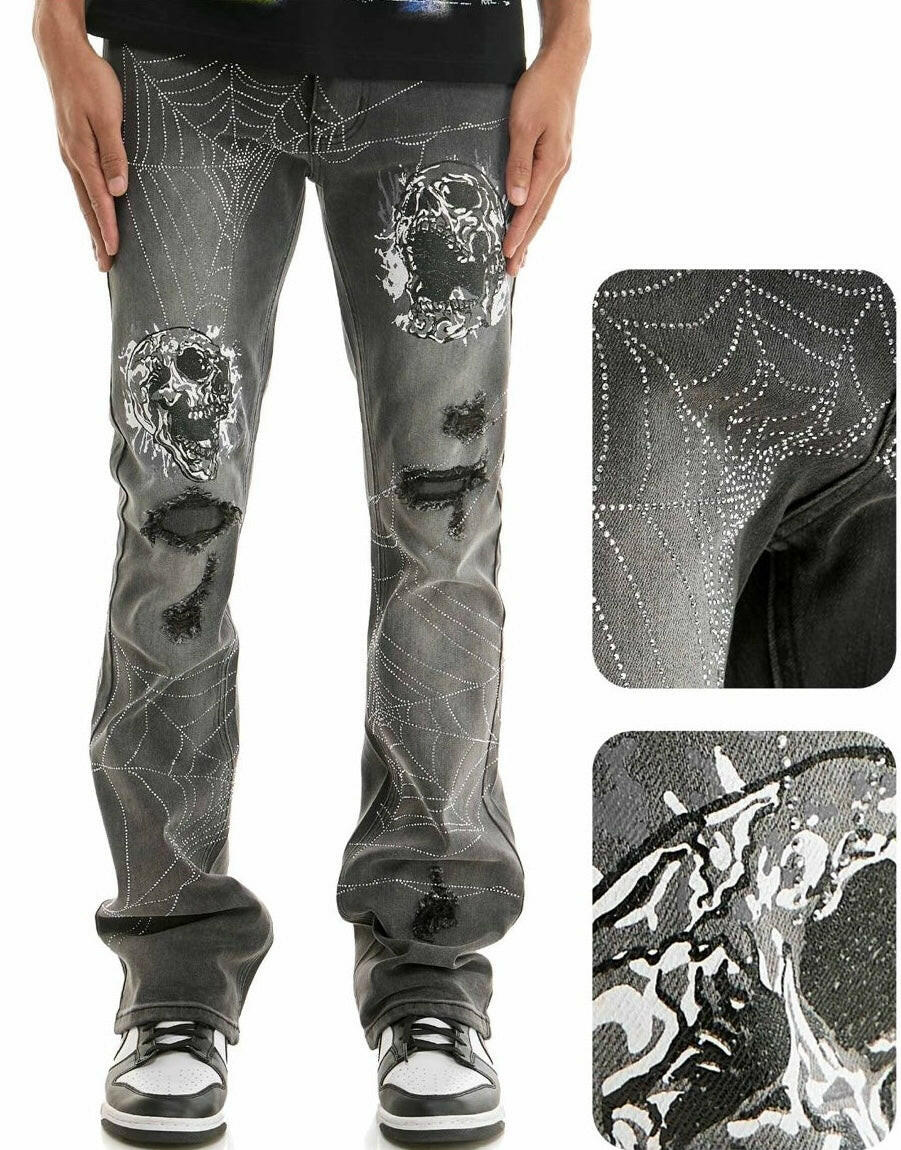 Gray jeans with rhinestone embellishments on a white background