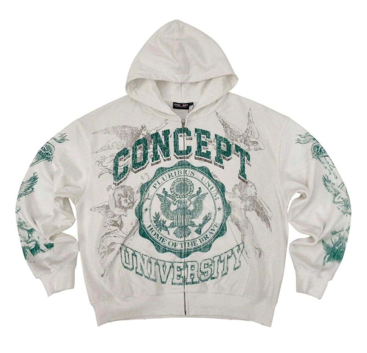 Concept University white zip-up hoodie by Concept with hood and front zipper