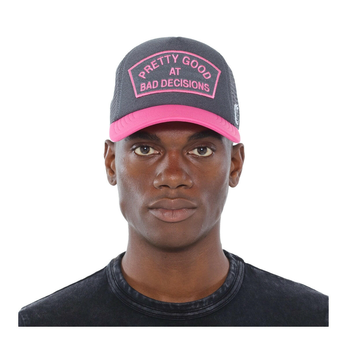 Cult Good at Bad Decisions Grey/Pink Trucker Hat.