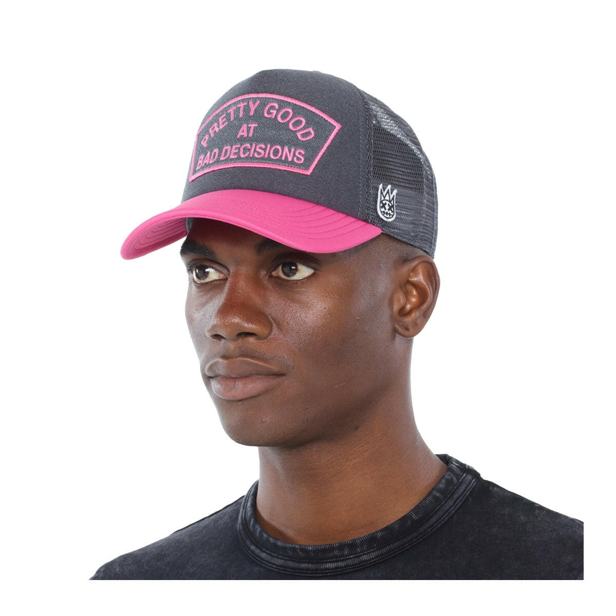 Cult Good at Bad Decisions Grey/Pink Trucker Hat.