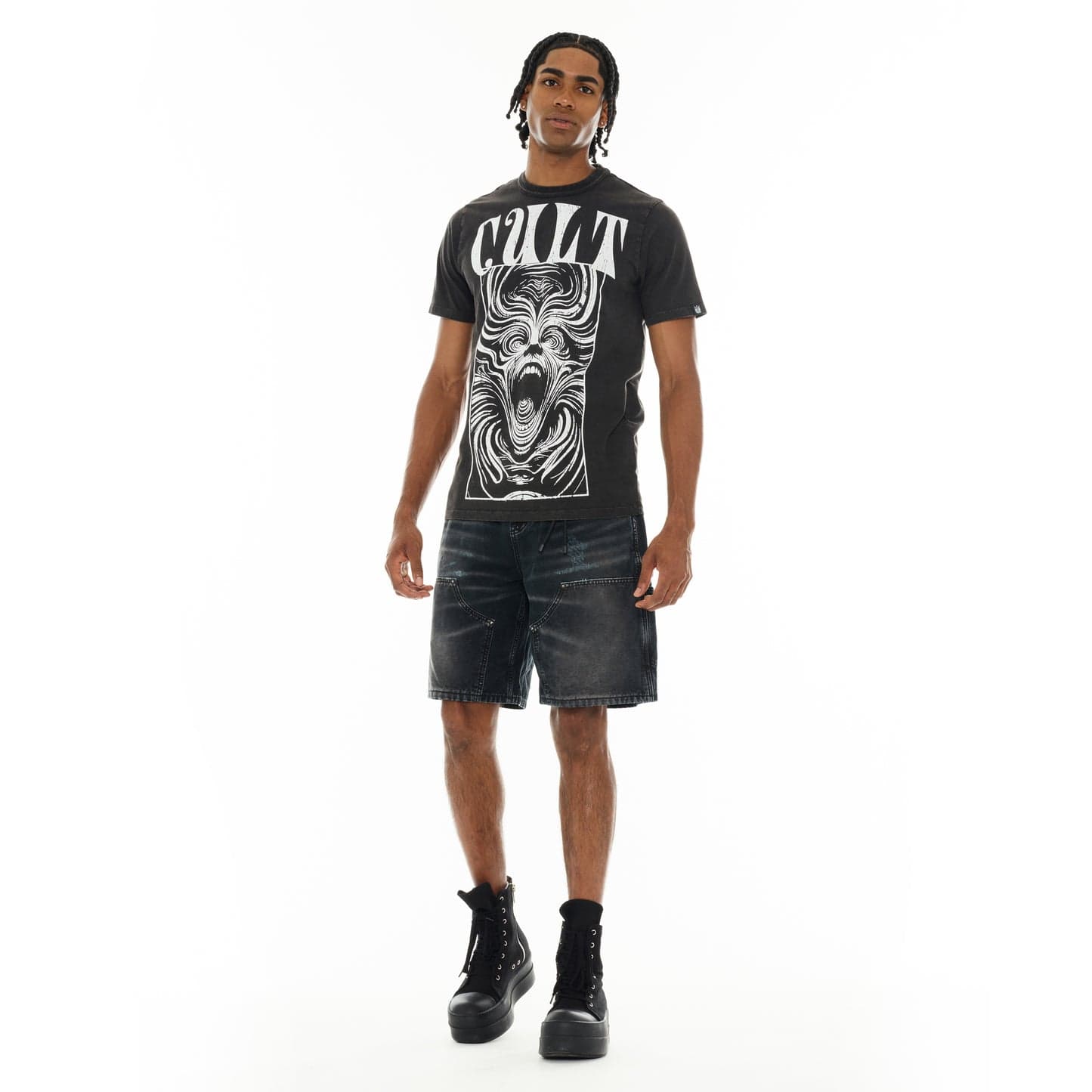 Cult of Individuality black canvas carpenter shorts with denim style, featuring multiple pockets and rugged design.