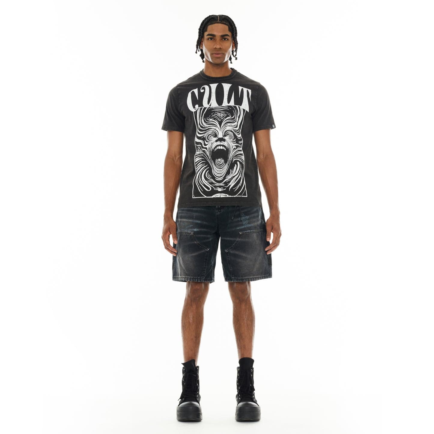 Cult of Individuality black canvas carpenter shorts, denim style with multiple pockets, casual and rugged men's workwear.