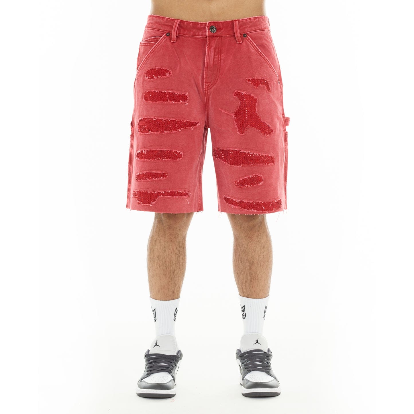 Cult of Individuality red canvas carpenter shorts with denim style, featuring multiple pockets and a casual, rugged look.