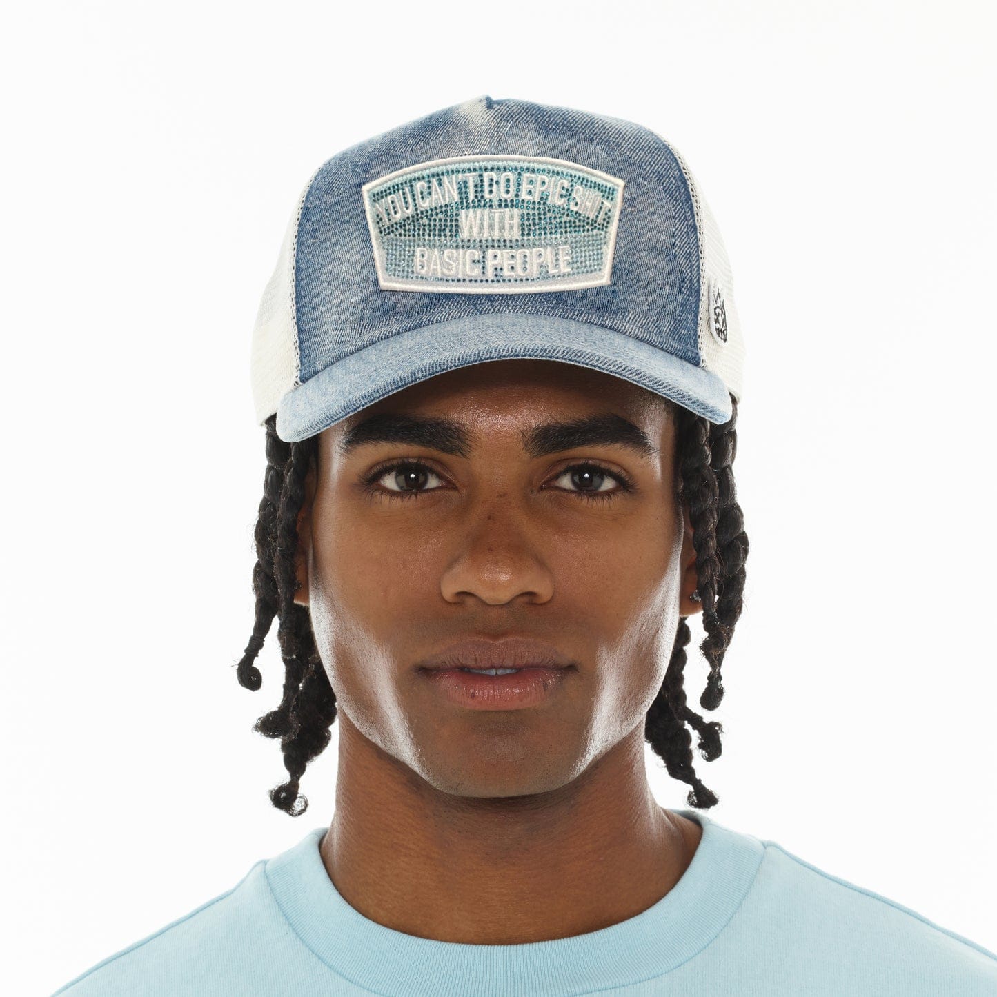 Cult of Individuality Hats Cult "Epic Shit" Crystals Trucker Hat In Blue Denim Cult "Epic Shit" Crystals Trucker Hat In Blue Denim