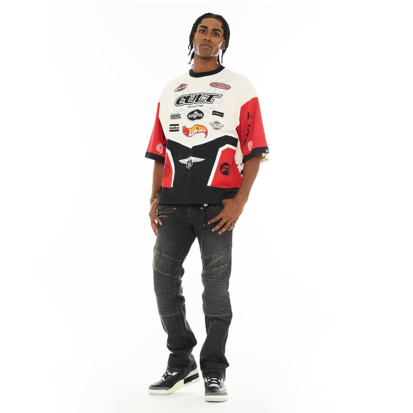 Cult of Individuality oversized short sleeve crew neck T-shirt in winter white, casual fit, soft cotton fabric, front view.