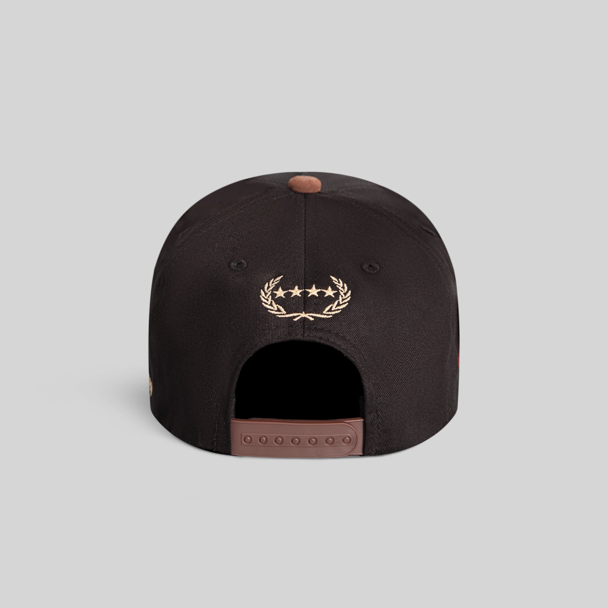 Black mocha twill and suede trucker hat by Field Grade featuring a classic design and adjustable snapback closure.
