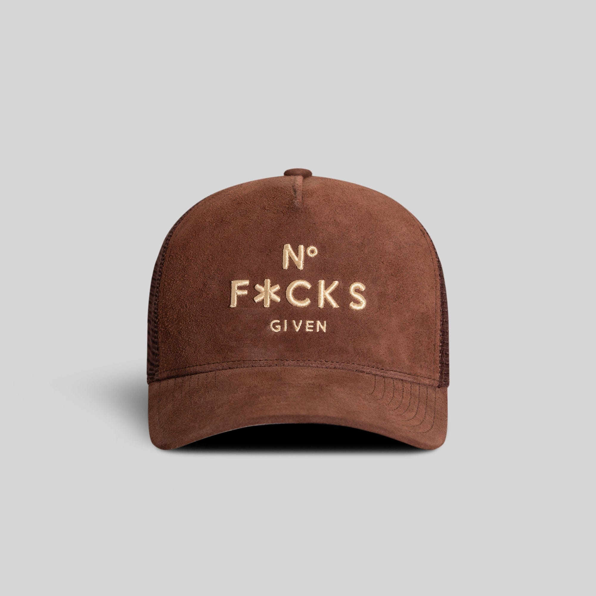 Field Grade No F*cks Given Mocha suede mesh trucker hat with adjustable snapback and embroidered front logo.