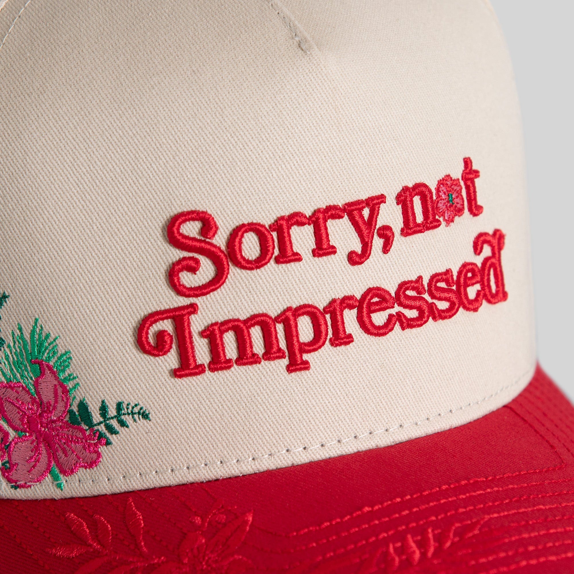 Field Grade Hats Sorry Not Impressed Sand Red Floral Twill Trucker Sorry Not Impressed Sand Red Floral Twill Trucker
