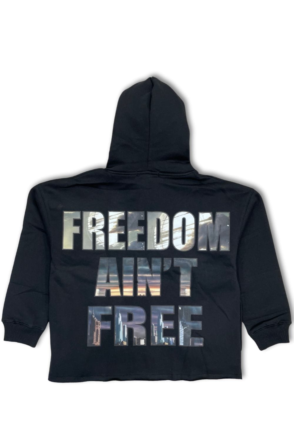 Focus Street Liberty rhinestone cropped hoodie, black with sparkling rhinestone details, stylish hoodie for casual wear.