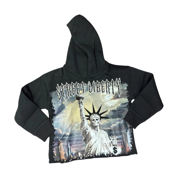 Focus Street Liberty rhinestone cropped hoodie featuring sparkling rhinestones and a casual hoodie design.