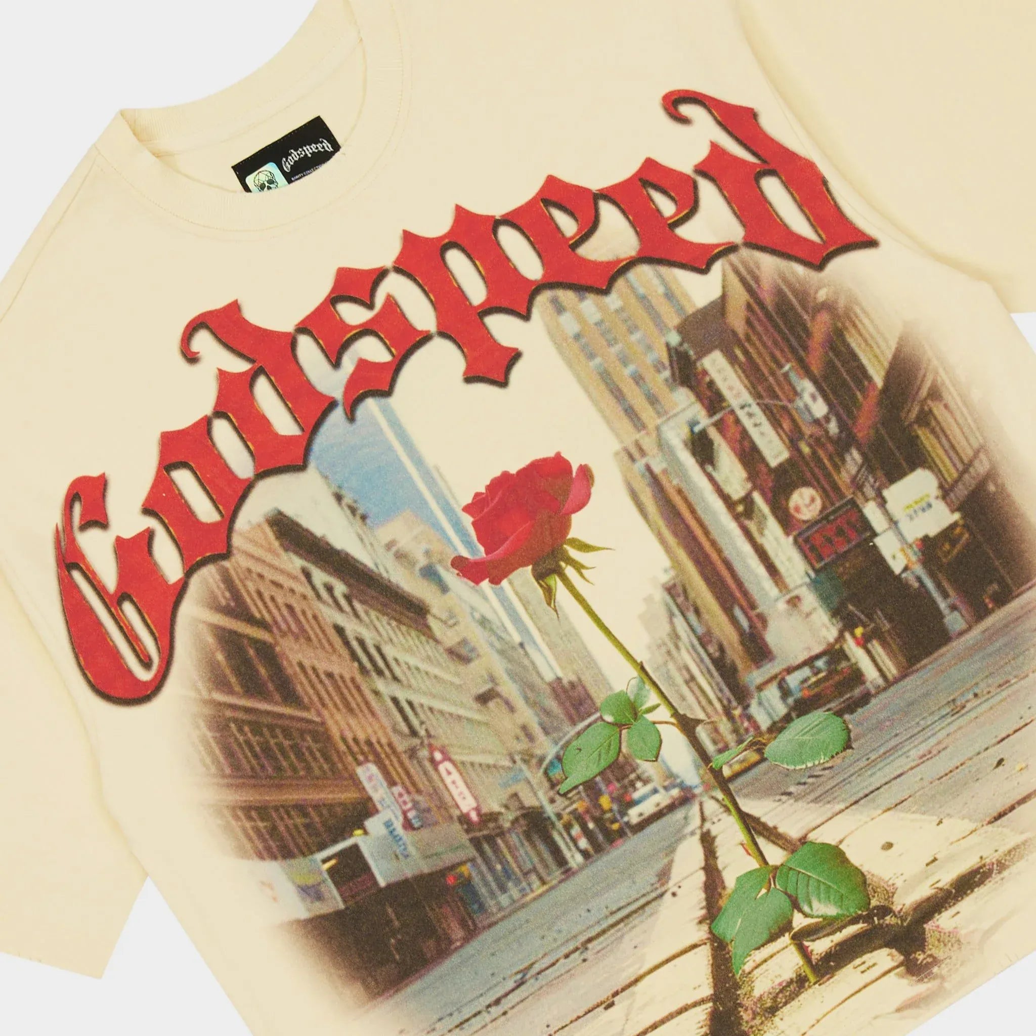 Godspeed Concrete Rose T-Shirt showing a detailed graphic print of a rose on a black fabric background.