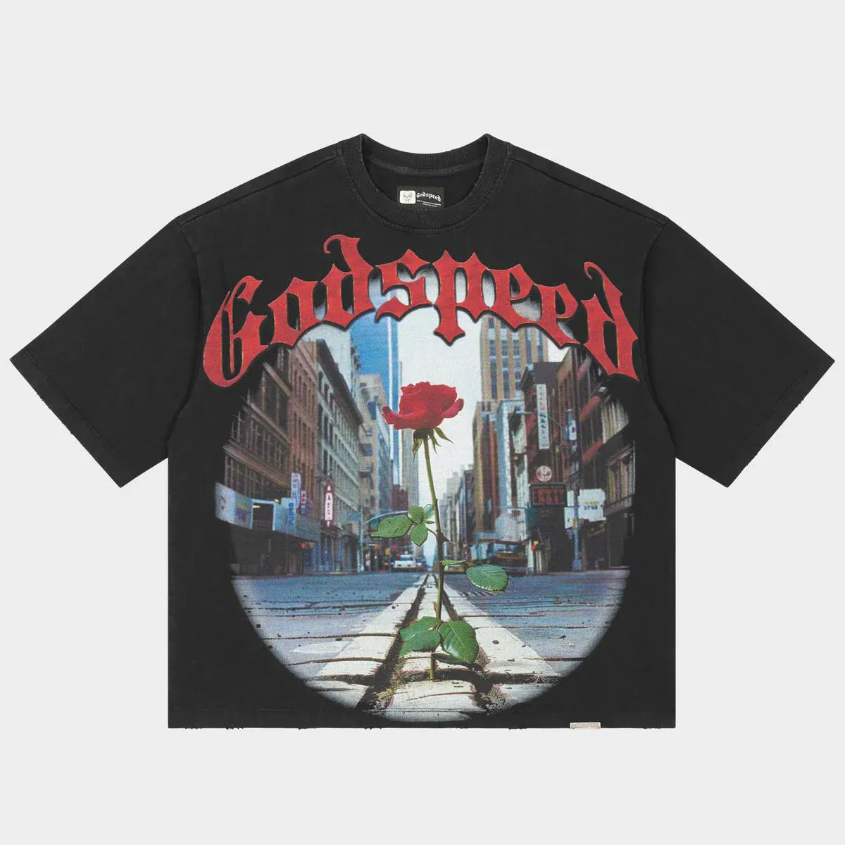 Godspeed Concrete Rose T-Shirt featuring a detailed floral graphic on soft fabric, casual style for everyday wear.
