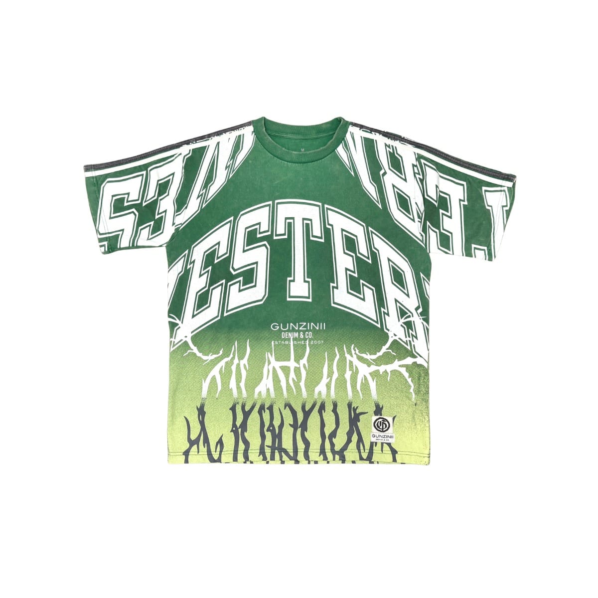 Gunzinii short sleeve jogger set with green T-shirt and matching jogger pants, casual athletic style, front view.