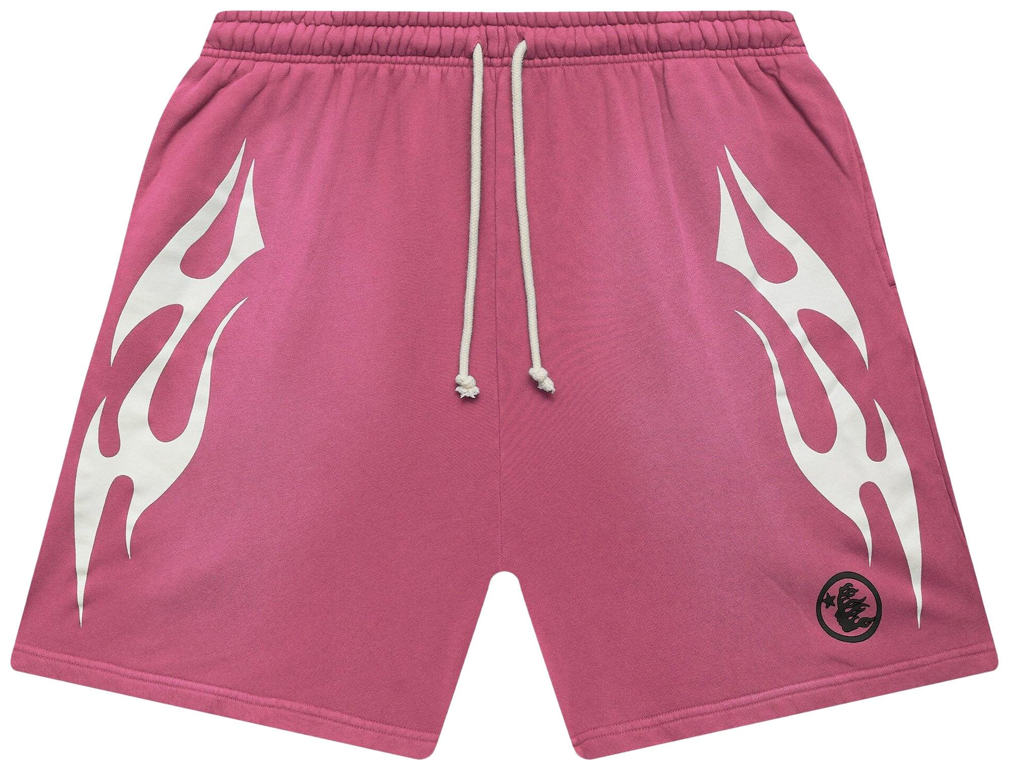 Hellstar Flame Shorts showing bright orange and red flame design, casual style, with adjustable waistband and lightweight fabric.