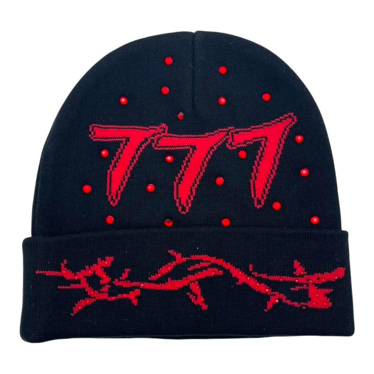 Black and red Hudson Outerwear Mens V2 Diamond 777 beanie with a knit pattern, shown on a mannequin head.
