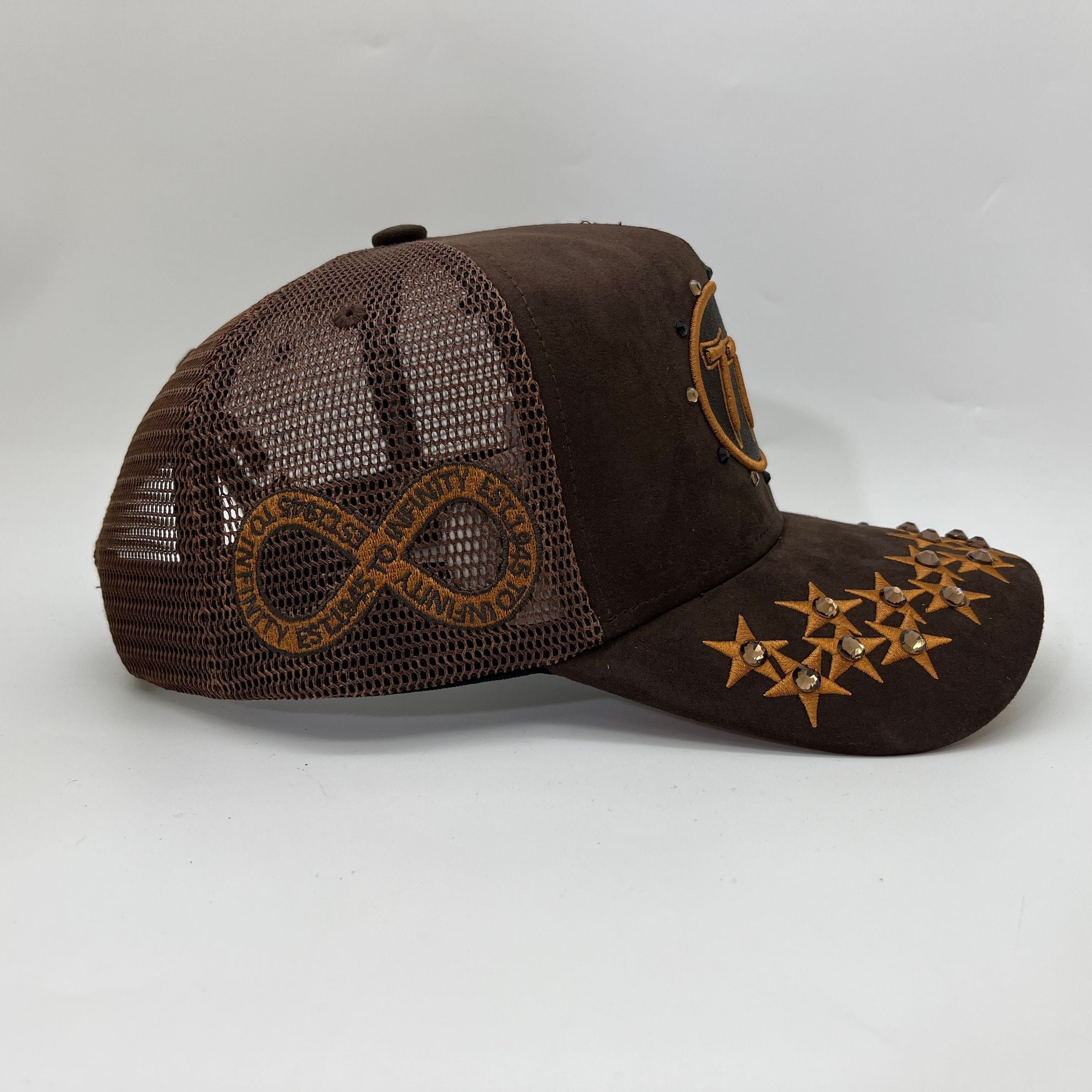 Brown Hudson Outerwear V1 Diamond Suede Trucker Hat with front logo patch and mesh back for casual style.