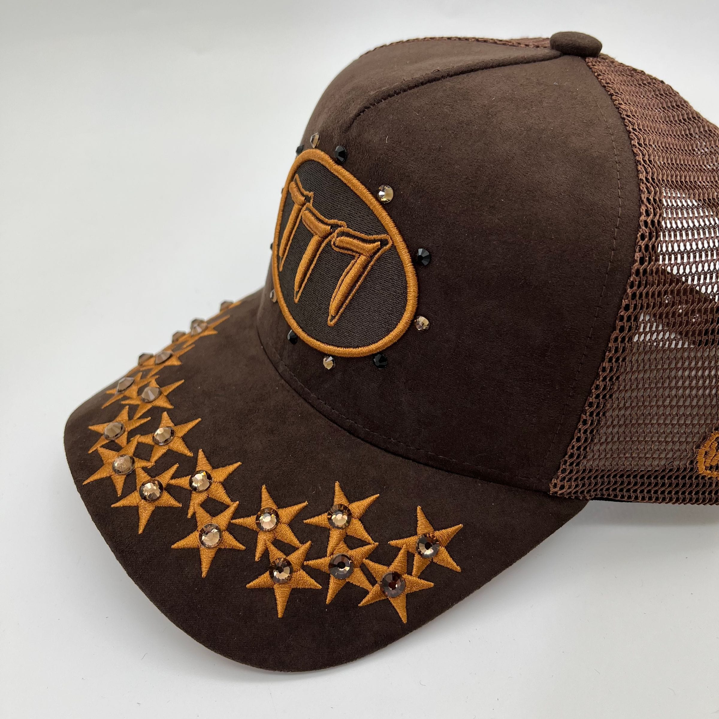 Brown Hudson Outerwear V1 Diamond Suede Trucker Hat with curved brim and adjustable strap, stylish and casual headwear.