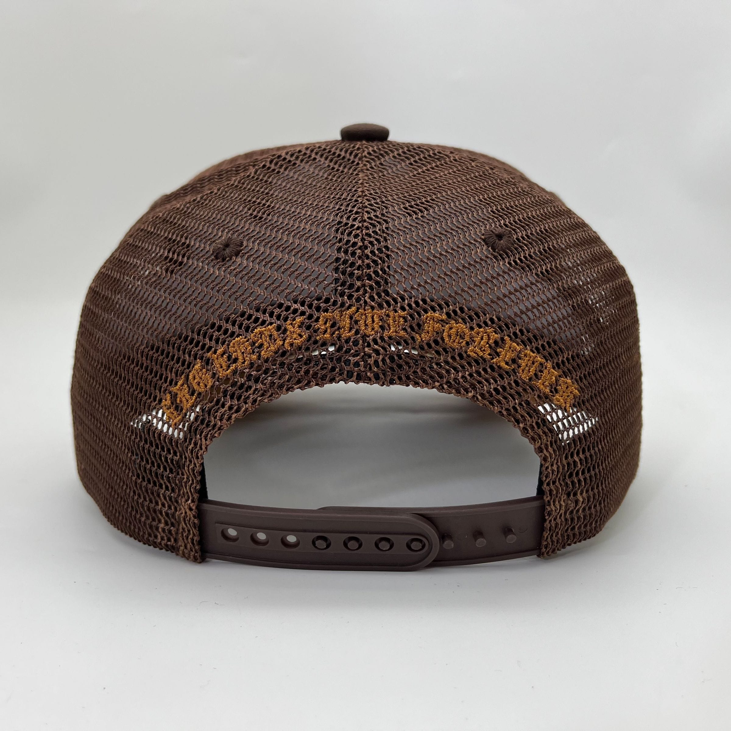 Brown Hudson Outerwear V1 Diamond Suede Trucker Hat with adjustable strap and embroidered logo on front.