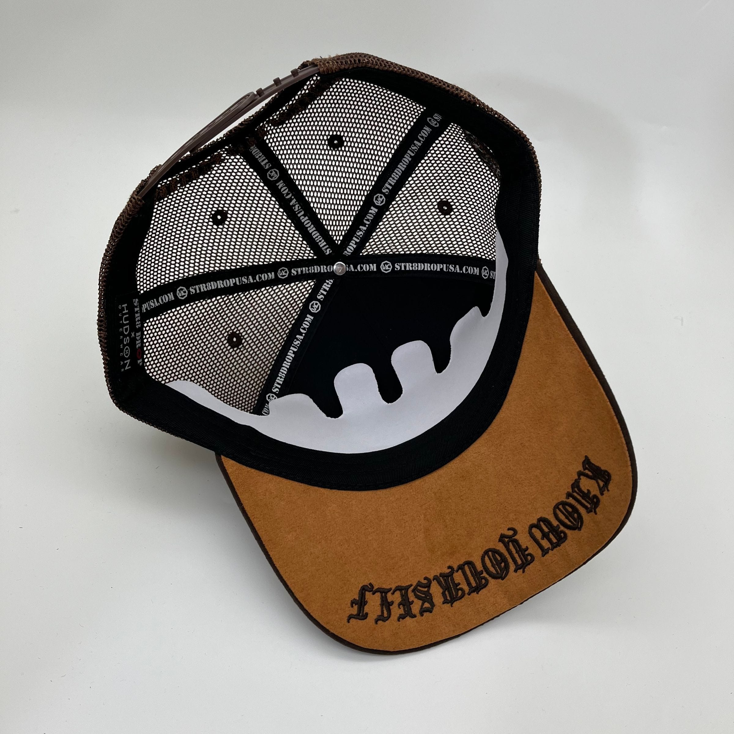 Brown Hudson Outerwear V1 Diamond Suede Trucker Hat with mesh back and adjustable strap.