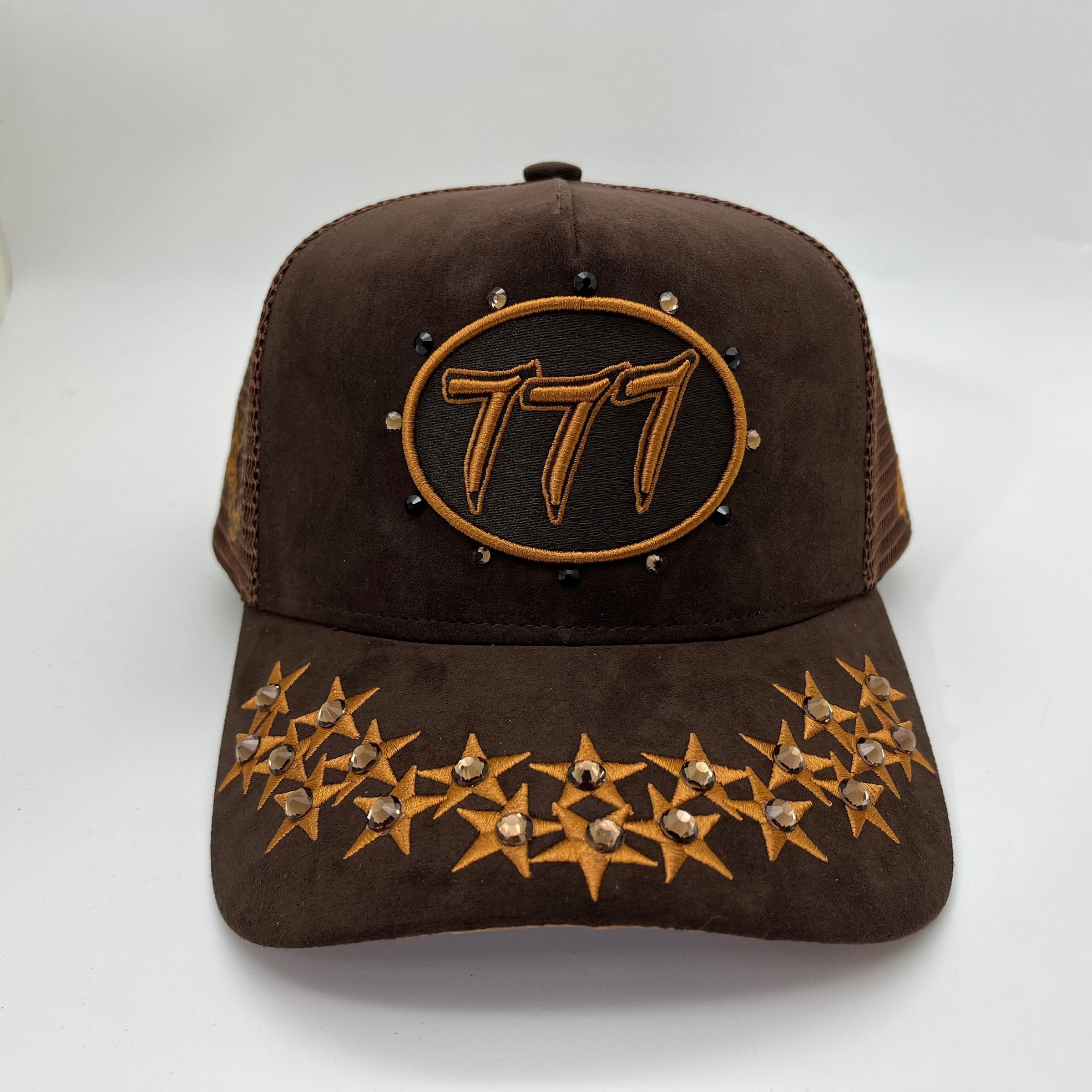 Brown Hudson Outerwear V1 Diamond Suede Trucker Hat with mesh back and curved brim, stylish and casual headwear.