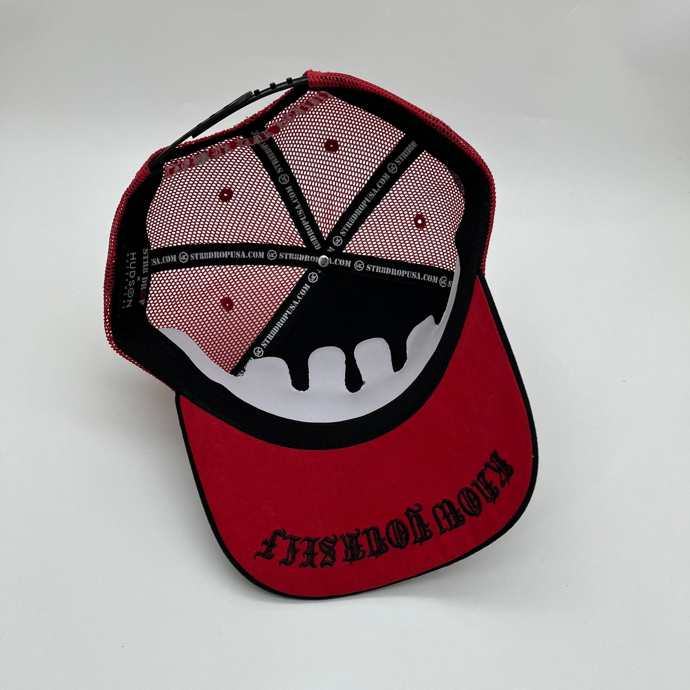 Red Hudson Outerwear V1 Diamond Suede Trucker Hat with mesh back and adjustable strap.