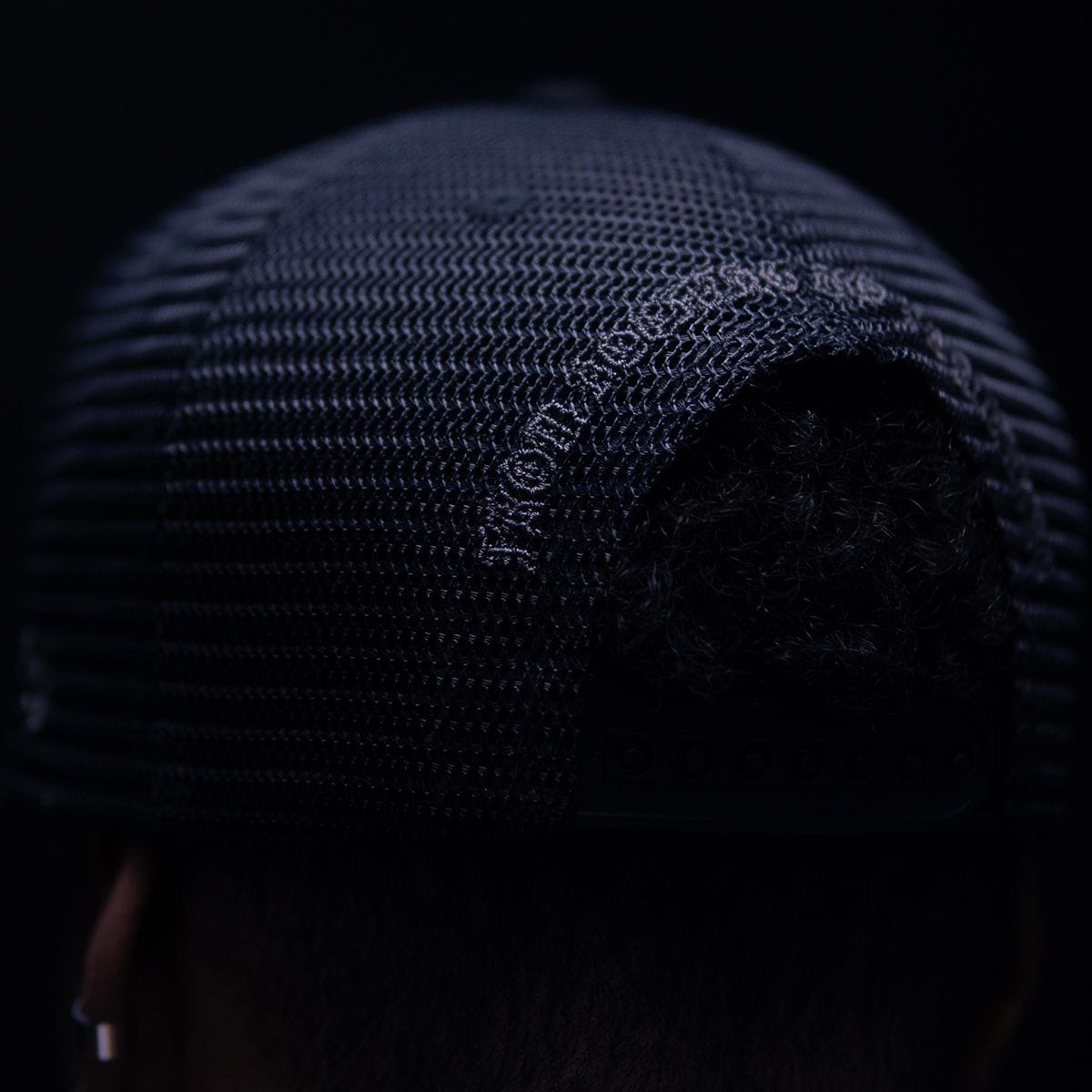 Black and black Hudson Outerwear V2 Diamond Suede Trucker Hat with curved brim and adjustable snapback closure.