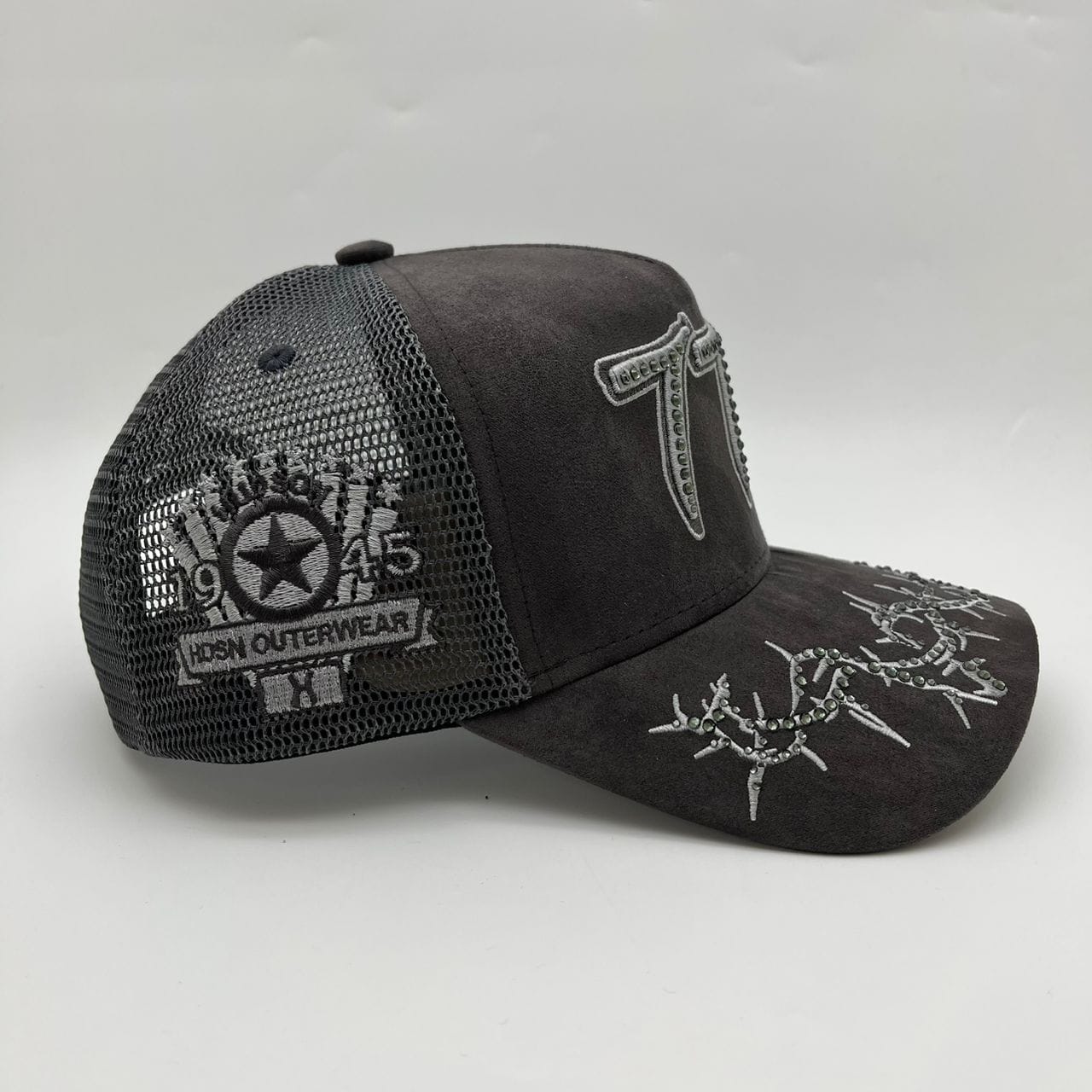 Hudson Outerwear V2 Diamond Suede Trucker Hat with mesh back and adjustable snap closure, in a stylish diamond suede finish.