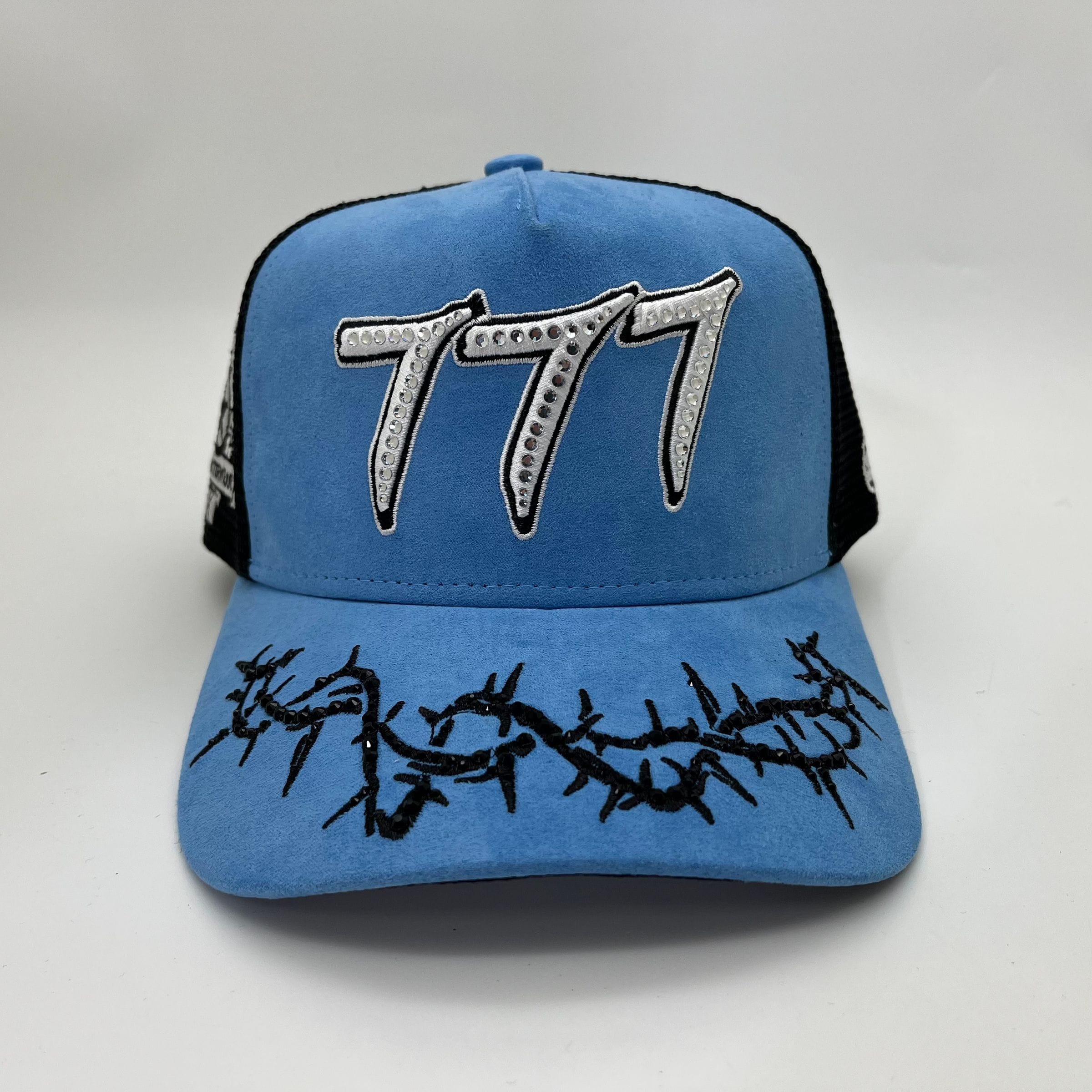Hudson Outerwear V2 Diamond Suede Trucker Hat in University Blue with mesh back and adjustable strap.