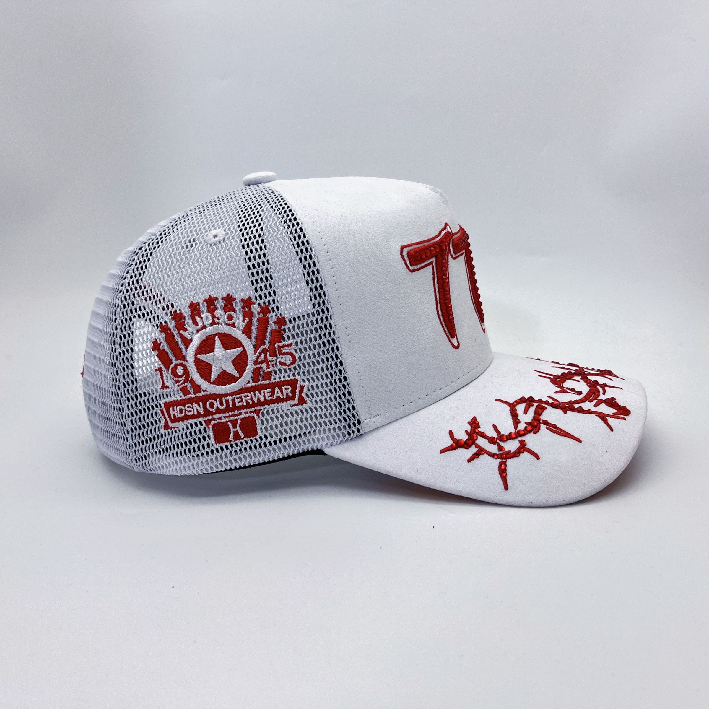 Hudson Outerwear V2 Diamond Suede Trucker Hat in white showing the classic structured cap with suede material and mesh back.