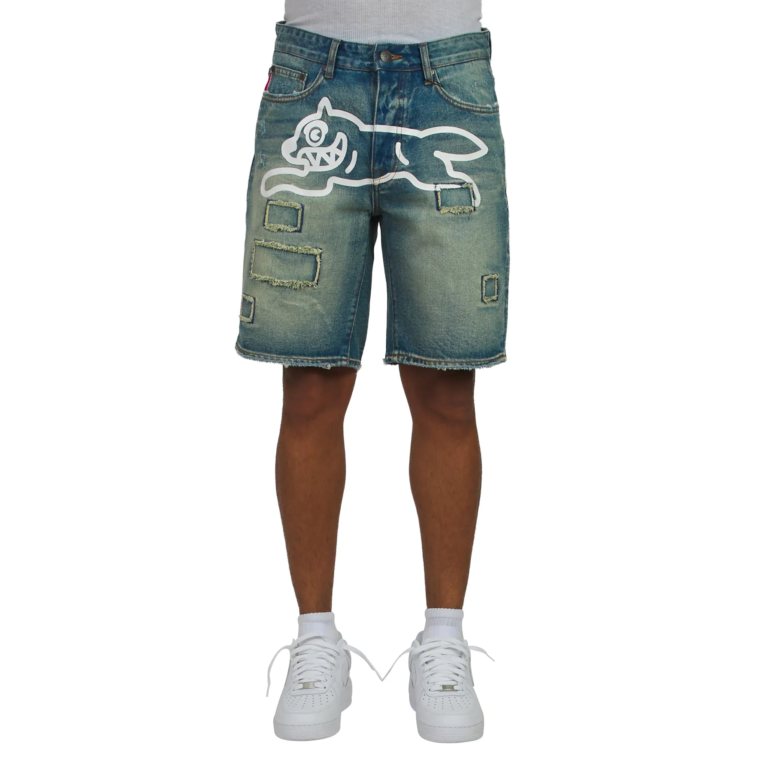 Ice Cream denim jean shorts with a casual fit, featuring a classic five-pocket design and distressed details.