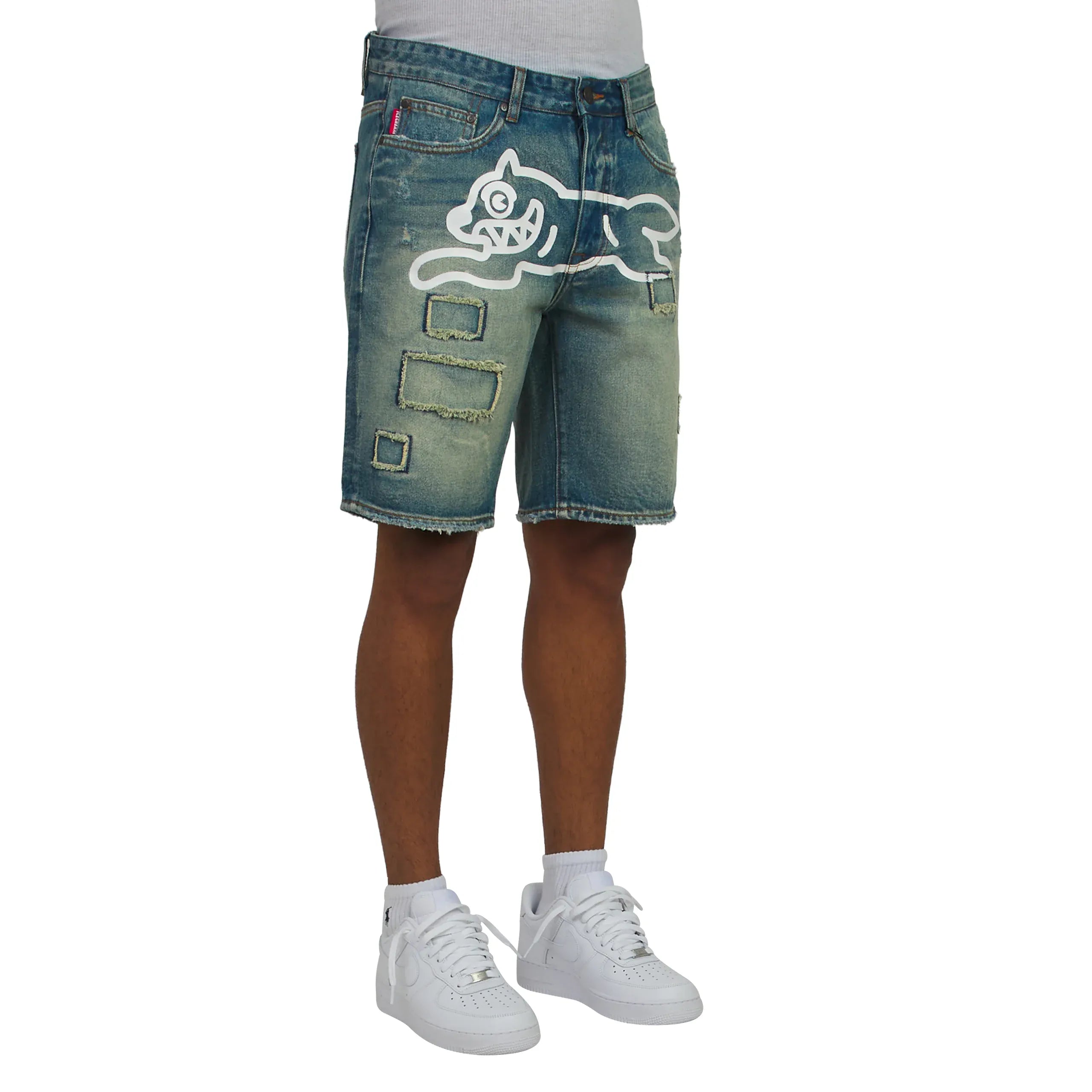 Ice Cream denim jean shorts with a distressed design, casual style, and rolled cuffs, perfect for summer casual wear.
