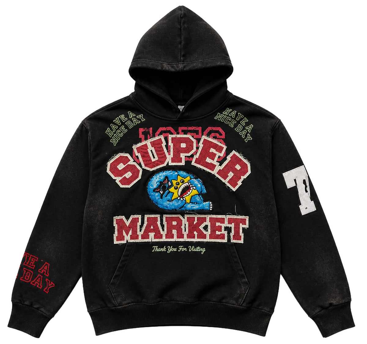 Joes Supermarket Hoodies Pigment-Wash Effect Monster Appliqué Pullover Hoodie Pigment-Wash Effect Monster Appliqué Pullover Hoodie