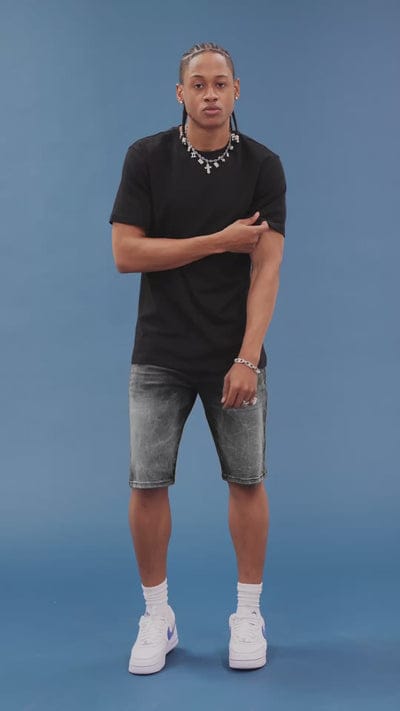 Jordan Craig OG Cascade Jean Shorts, casual denim shorts with distressed details and a relaxed fit, displayed on a model.