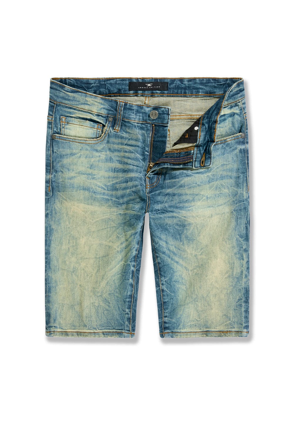 Jordan Craig OG Cascade Jean Shorts, stylish denim shorts with frayed hems, shown in a multi-view image.